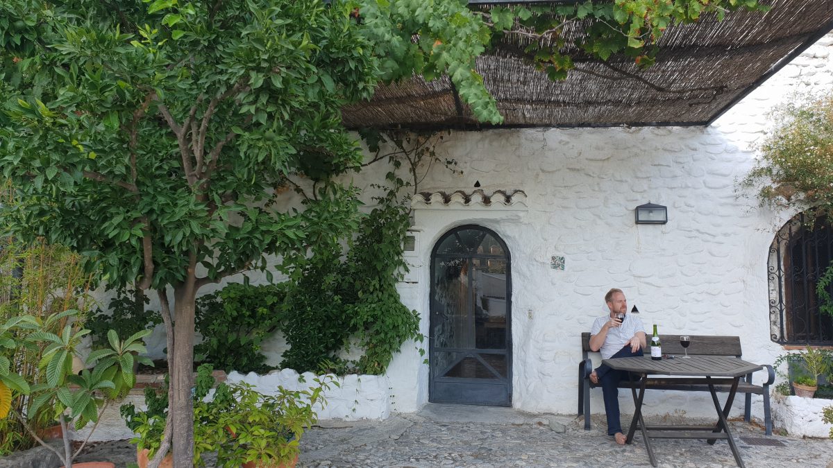 Enjoying a tempranillo in our cave home in Sacromonte